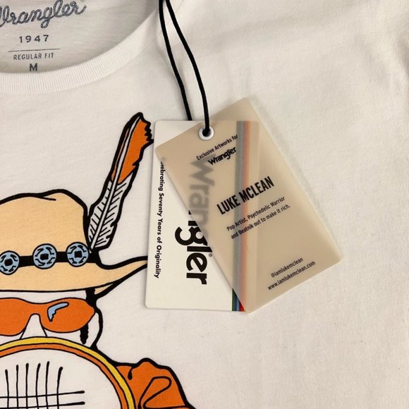 Luke Mclean Mens Wrangler Graphic T-Shirt White Blue Crew Neck 100% Cotton M New - Picture 9 of 12